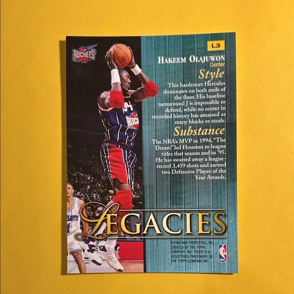 1999 Topps Legacies Houston Rockets Hakeem Olajuwon,Holographic Card #L-3 - Picture 2 of 2